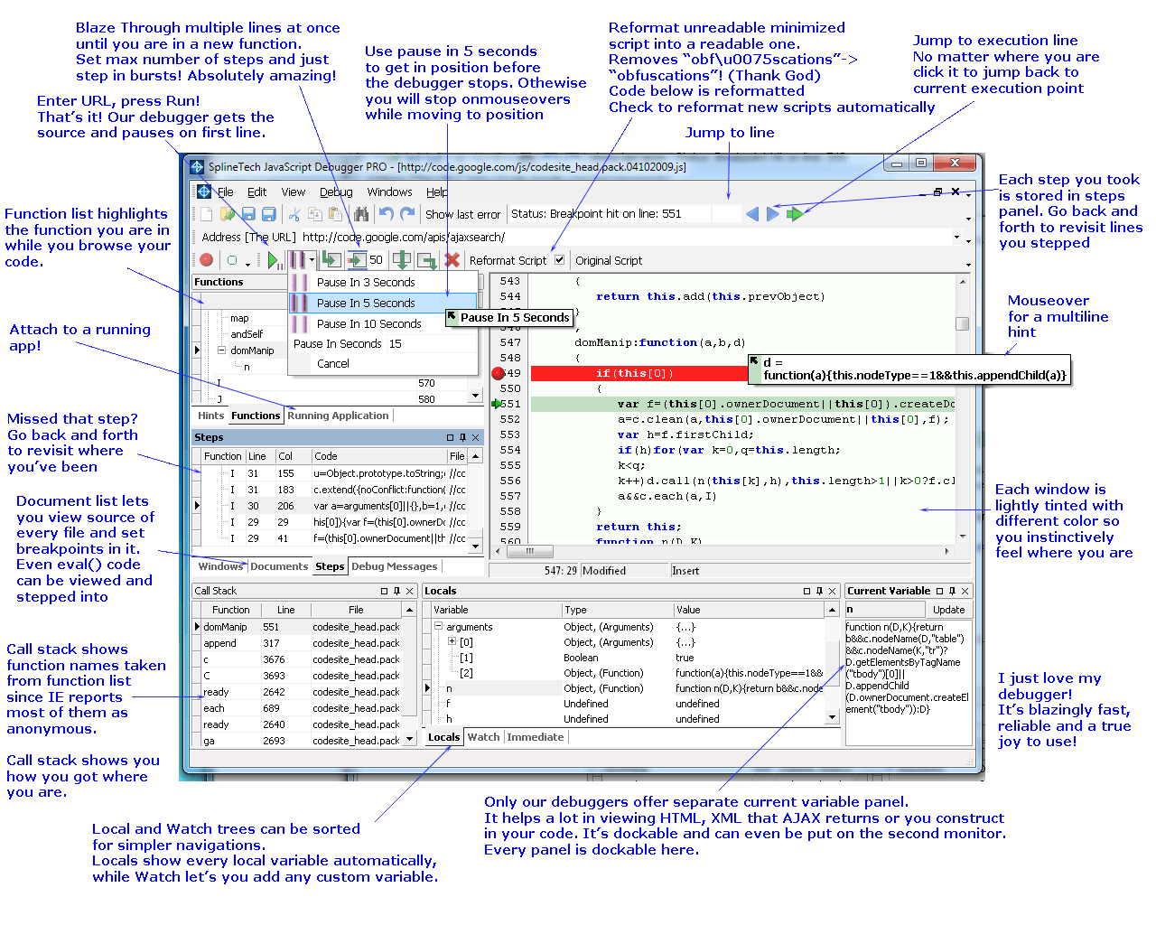 SplineTech JavaScript HTML Debugger PRO in Action