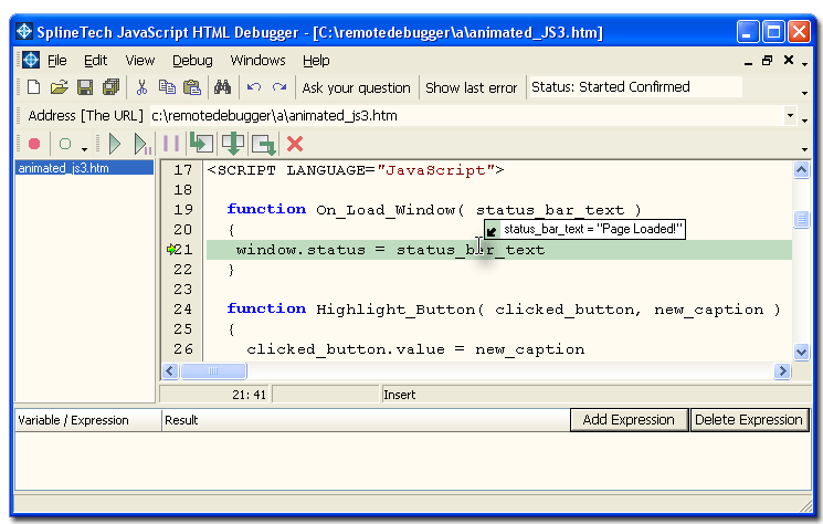 Screenshot of SplineTech JavaScript Debugger